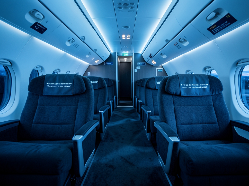 Sleek long haul aircraft cabin before departure dark upholstered