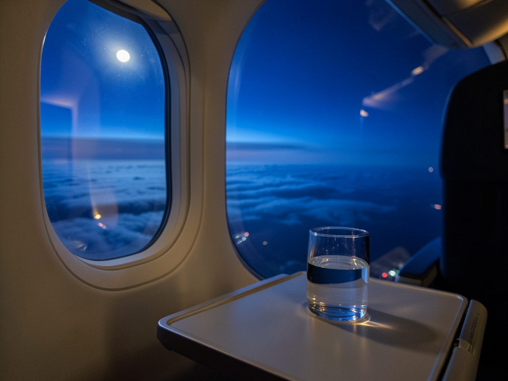 Night view from airplane window above Atlantic deep