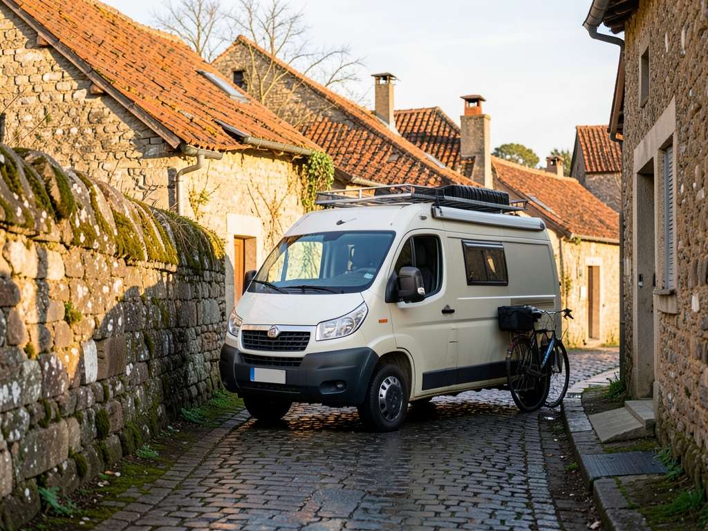 practical camper beside weathered European village lane under