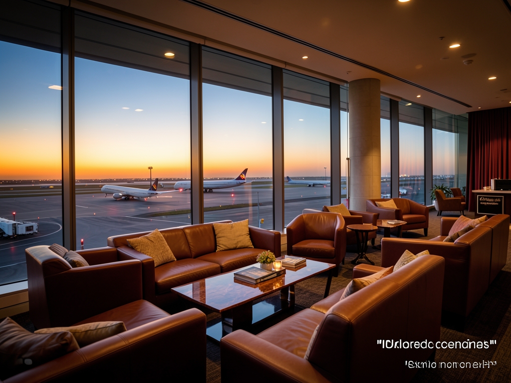 Elevated airport lounge overlooking runway dusk warm ambient