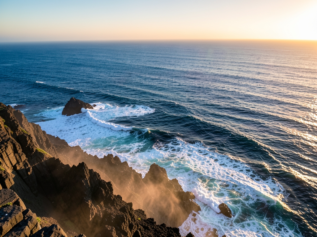 sweeping golden hour view over open Pacific from windswept