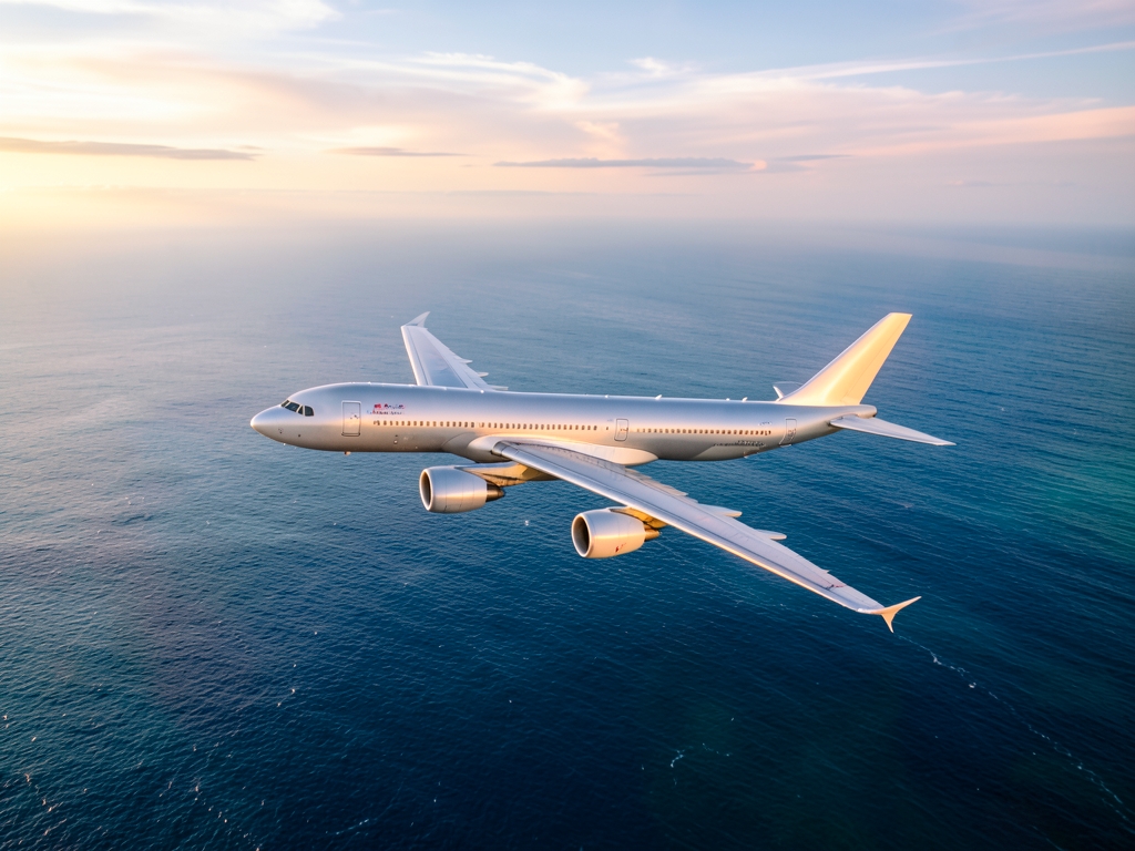 Aerial view twin aisle aircraft cruising above vast blue