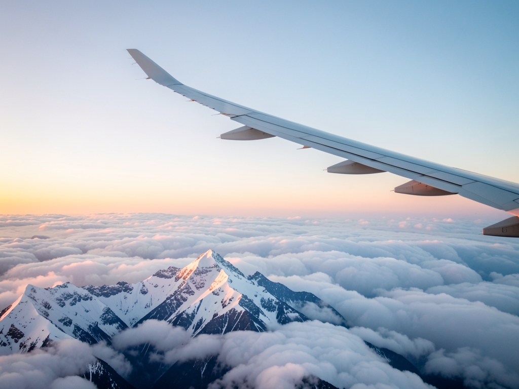 airliner wing gliding above clouds dawn snow capped Alpine