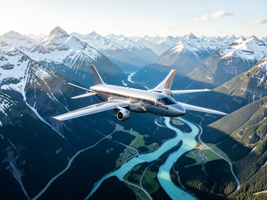 Aerial view sleek aircraft gliding over snow capped Alpine