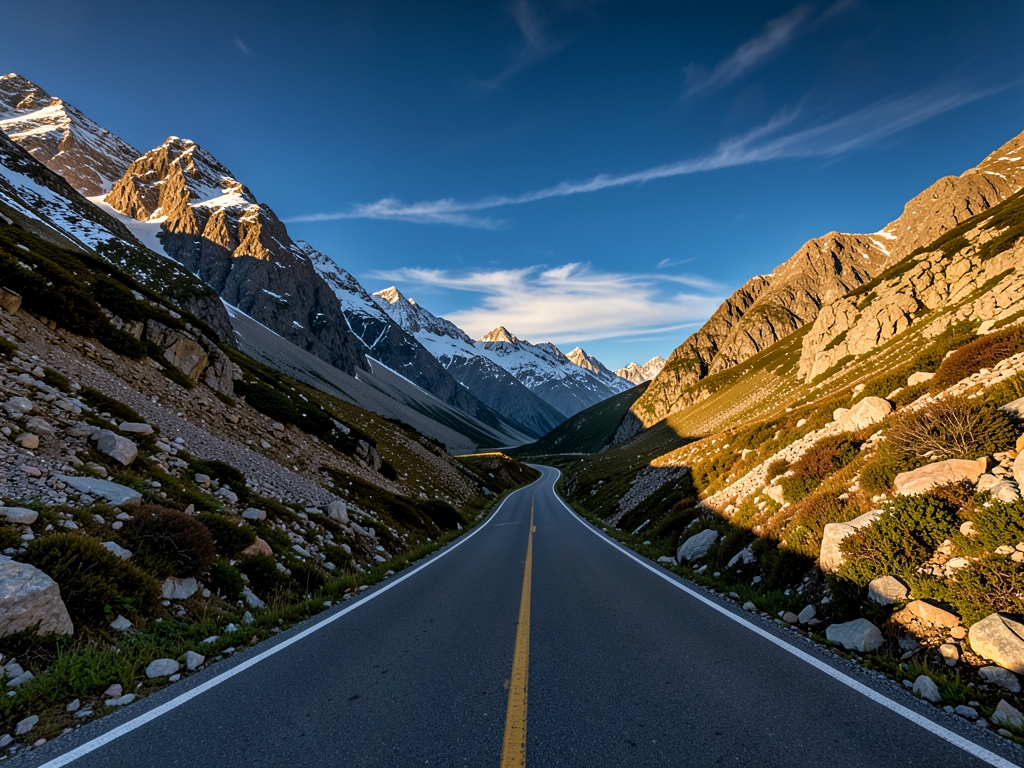 sunlit mountain pass under clear blue sky single