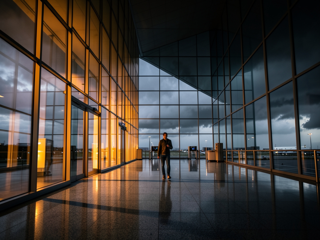 Vast airport terminal dusk towering glass walls glowing