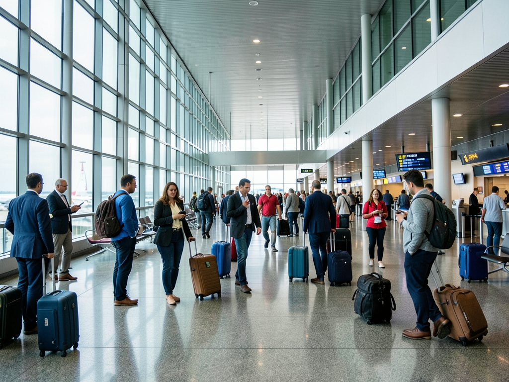 Busy airport terminal corridor with glass walls polished