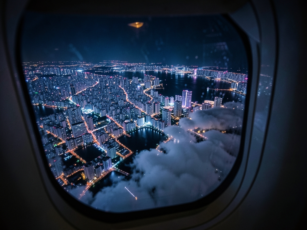 Nighttime descent over Tokyo s sprawling illuminated bay dense
