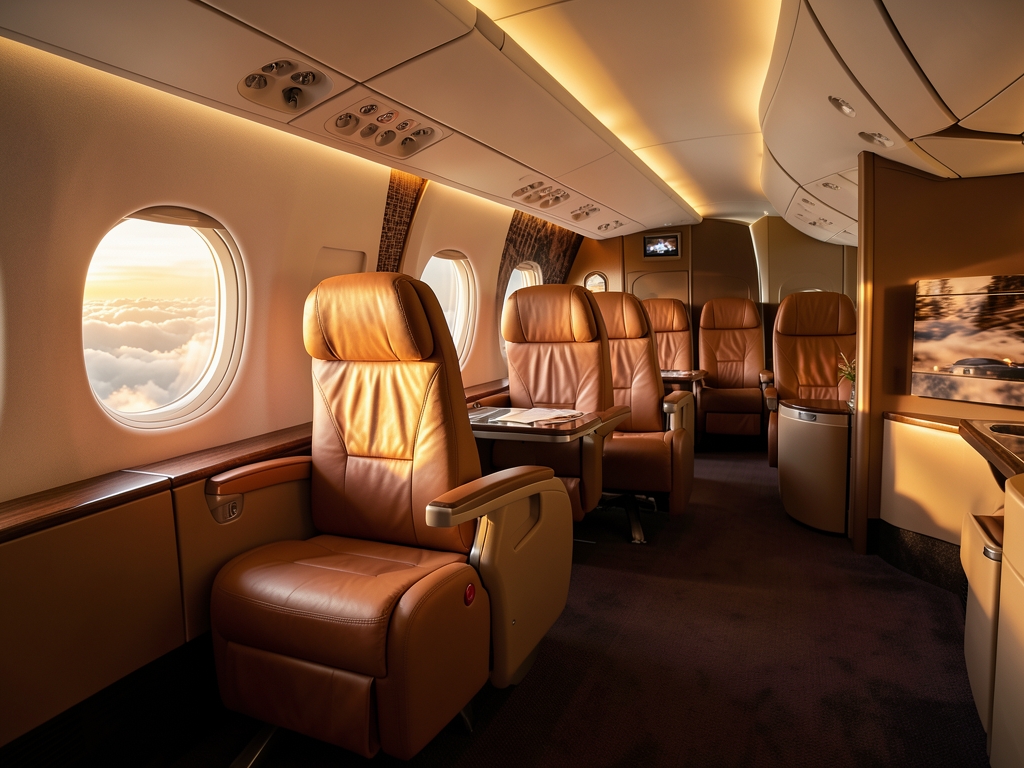 Airplane cabin interior with wide reclining seats soft