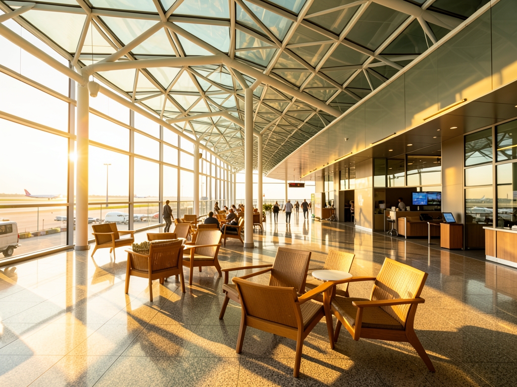 Sunlit airport concourse with glass canopy armchairs narrow
