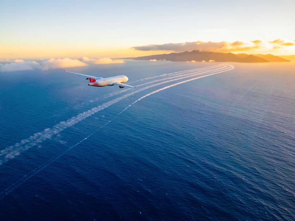 Aerial view long haul flight path over Pacific sunrise