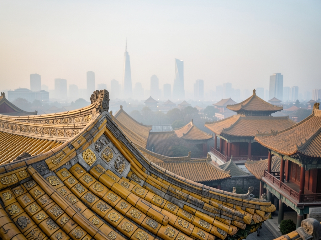 Beijing historic palace rooftops with golden glazed tiles