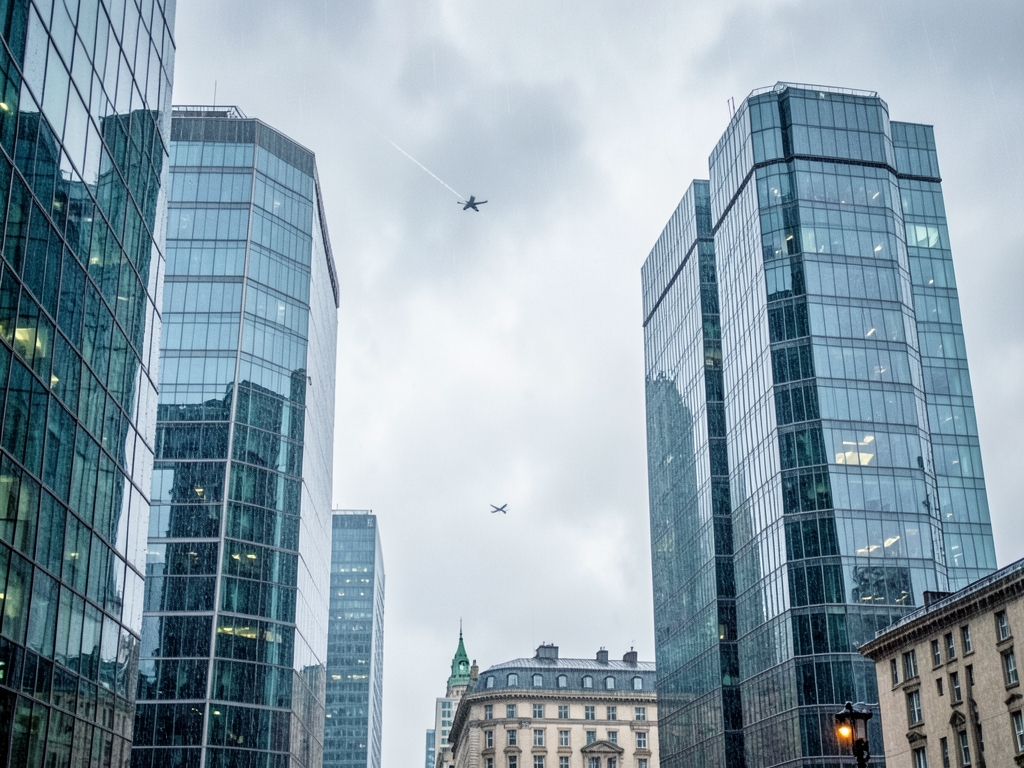 London soft rain glass and stone towers under silver gray sky