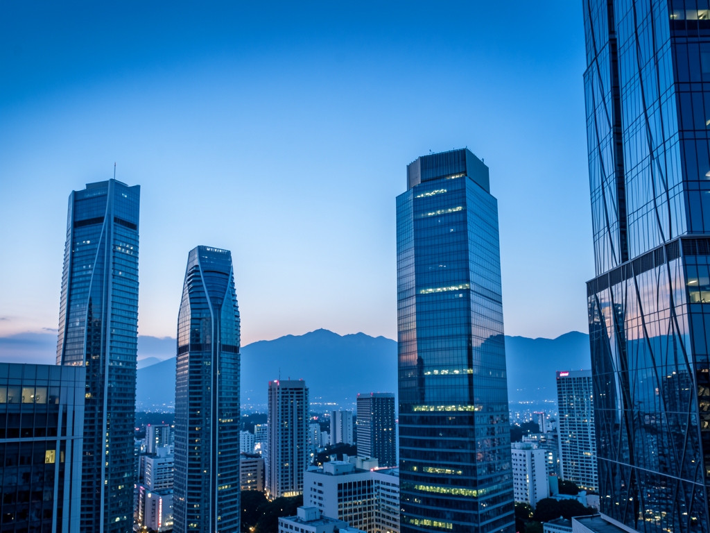 Modern Tokyo skyline blue dusk with glass towers