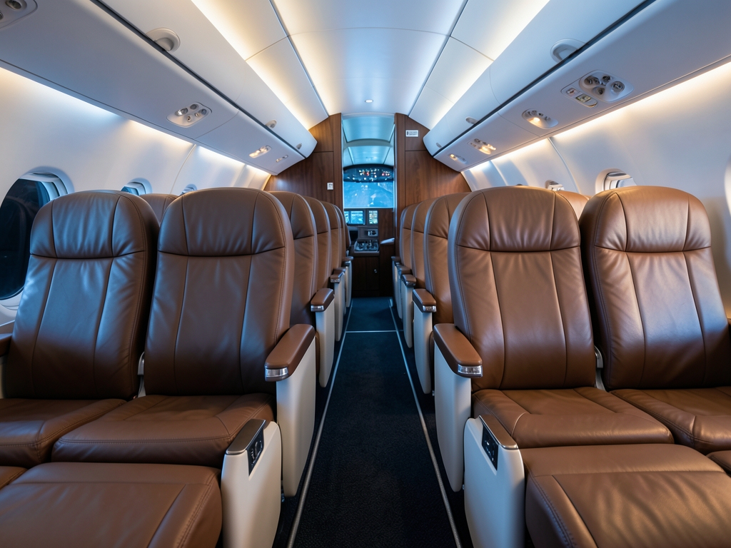 Empty premium aircraft cabin with wide seats soft
