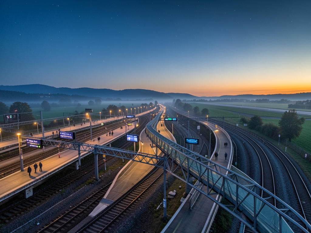aerial view European rail dusk curving platforms connecting