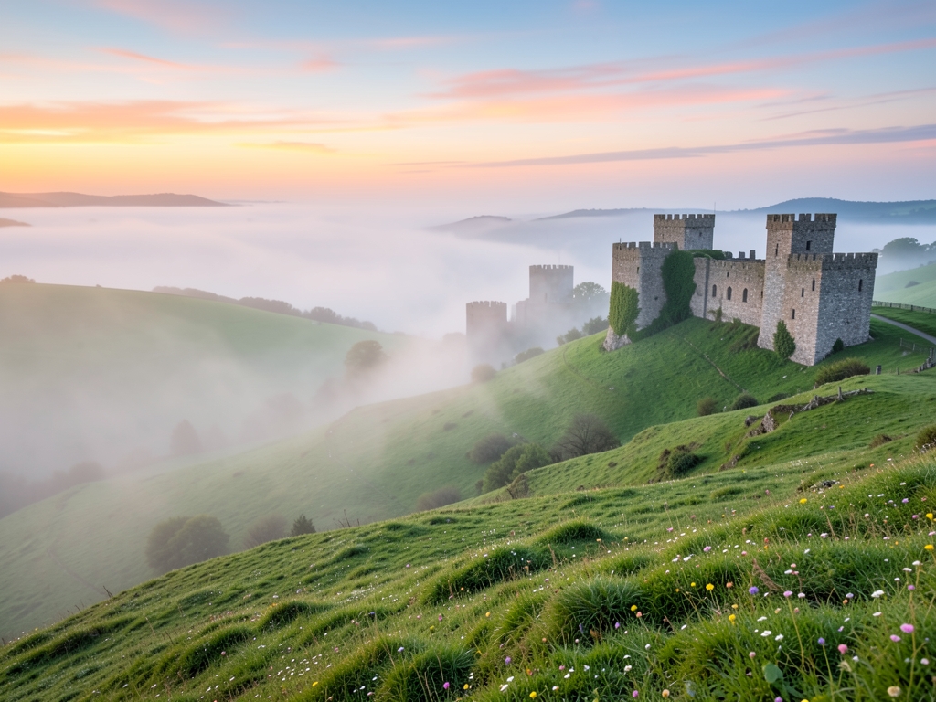 Misty morning landscape over rolling green hills dotted