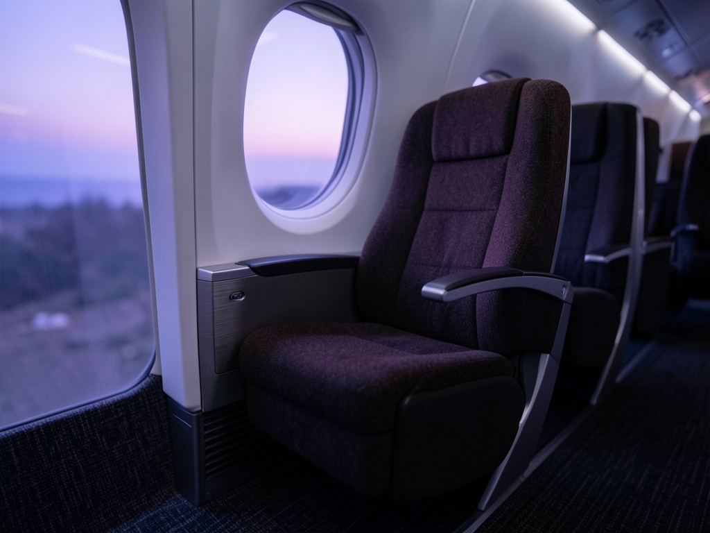 Quiet aircraft cabin aisle beside plush seat brushed