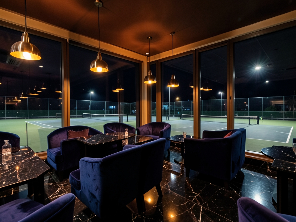 Nighttime interior serene upscale lounge with velvet armchairs