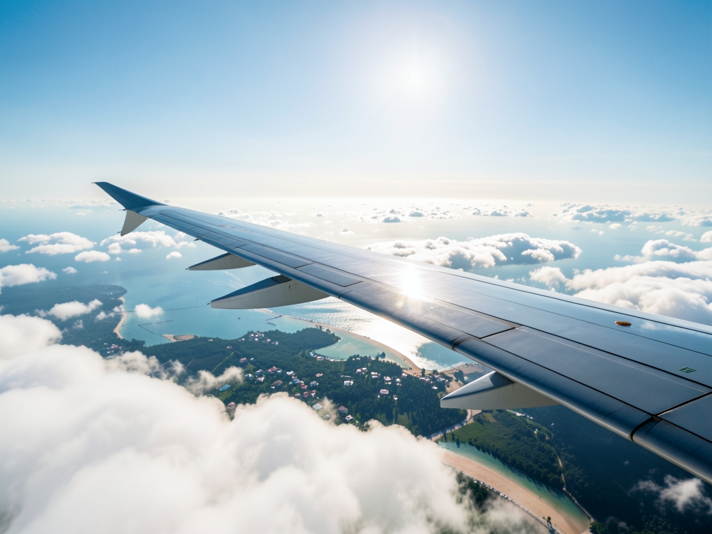 Aerial view airplane wing over layered white clouds