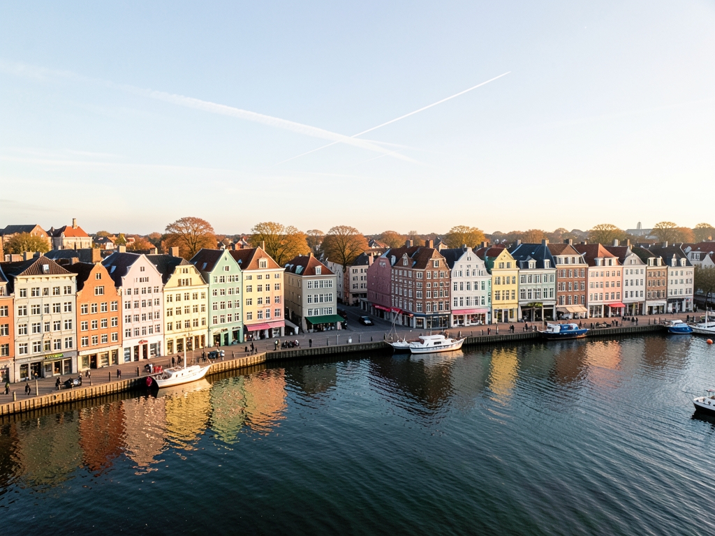 Aerial view Copenhagen harbor colorful historic waterfront houses