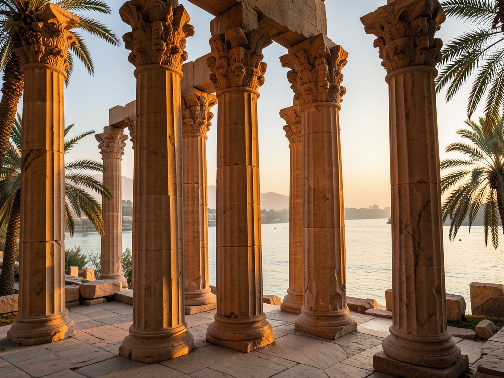 Luxor temple columns sunset warm sandstone Nile river