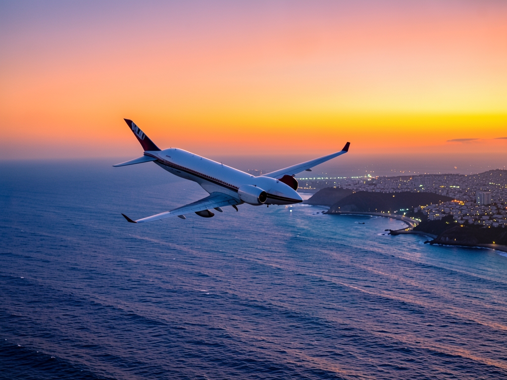 aircraft ascending over Pacific Ocean sunset wingtip against