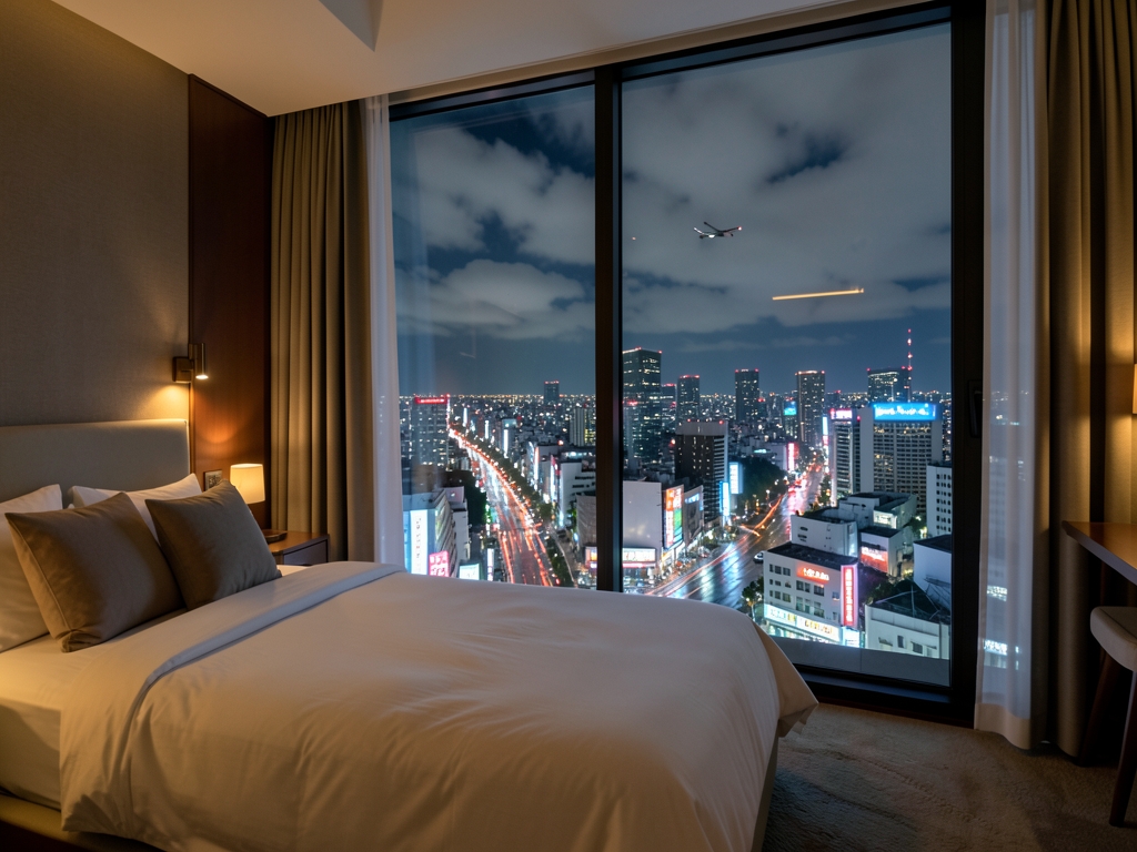 Nighttime Tokyo skyline from high rise hotel room neon