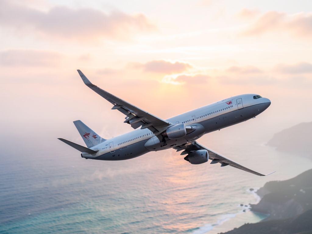 sleek widebody airliner climbing above hazy Atlantic coastline