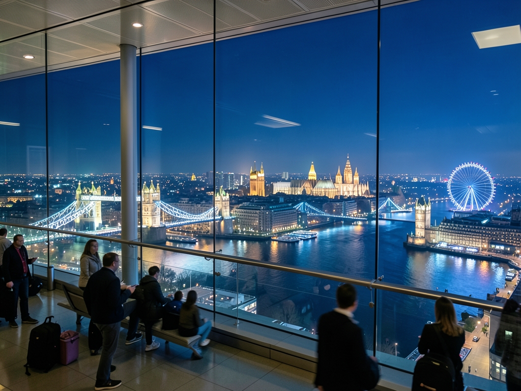 sweeping summer night view from modern London airport