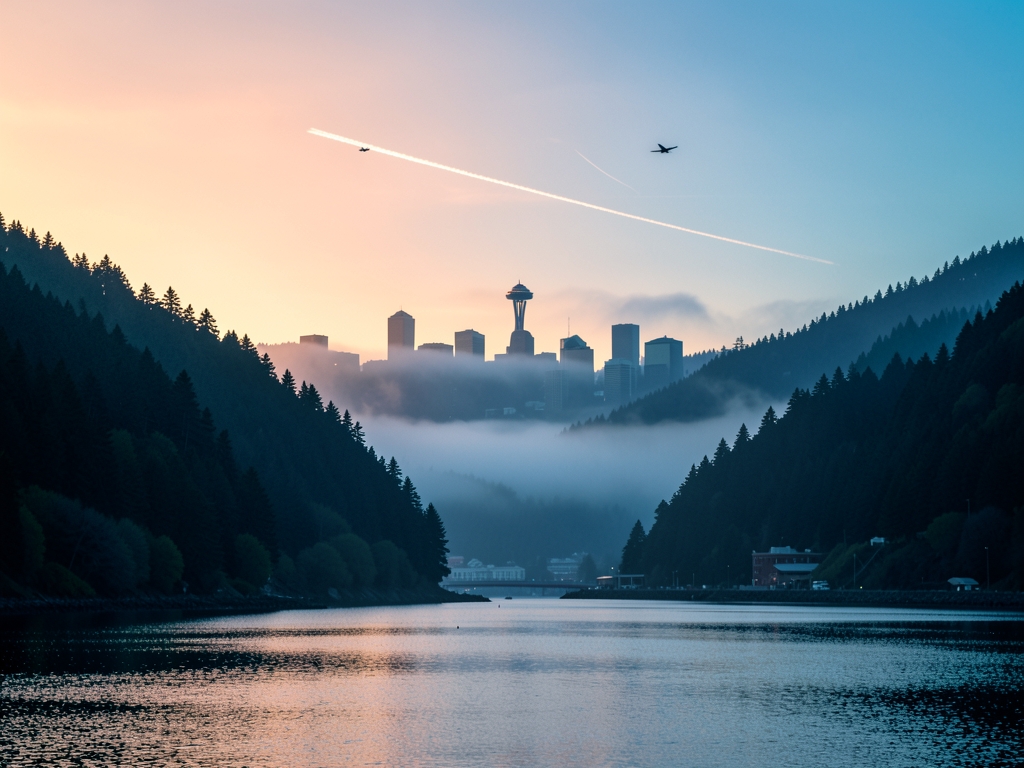 misty Seattle skyline dusk framed evergreen hills quiet