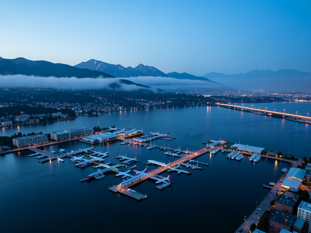 Aerial dusk view Vancouver harbour with seaplane docks