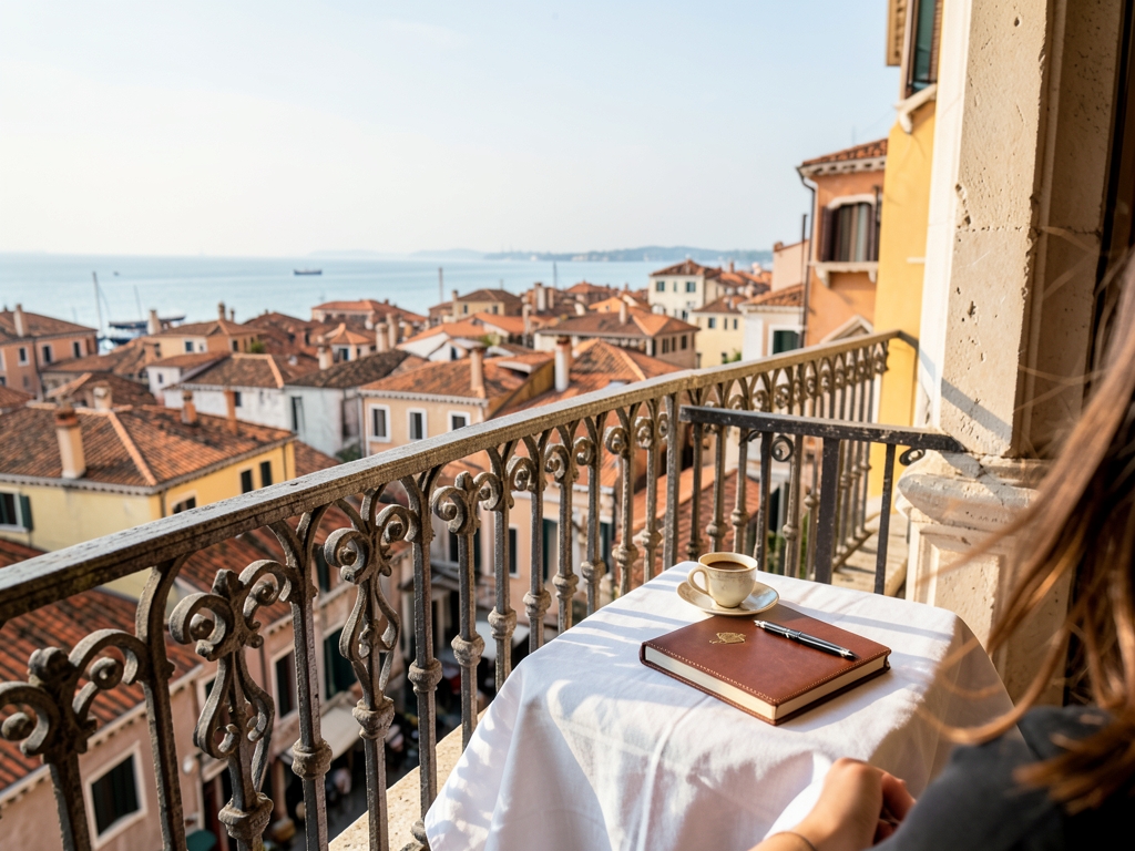sunlit Venice hotel balcony overlooking terracotta rooftops lagoon