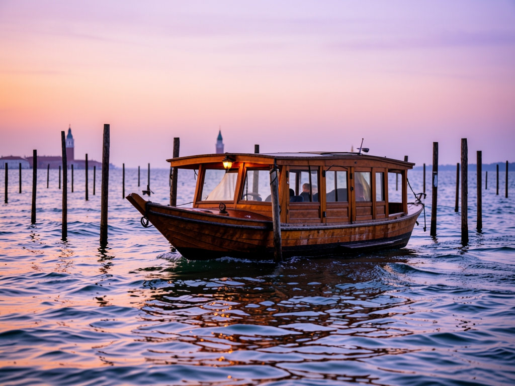 wooden water taxi gliding across Venetian lagoon toward