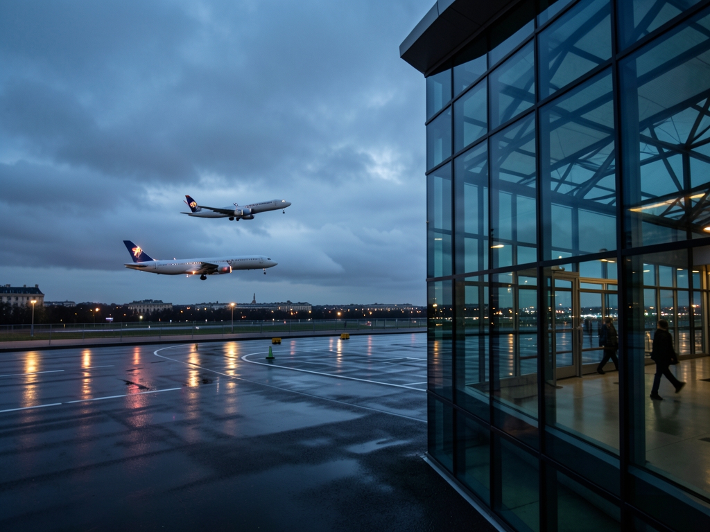 Paris dusk steel and glass terminal overlooking rain darkened runway distant