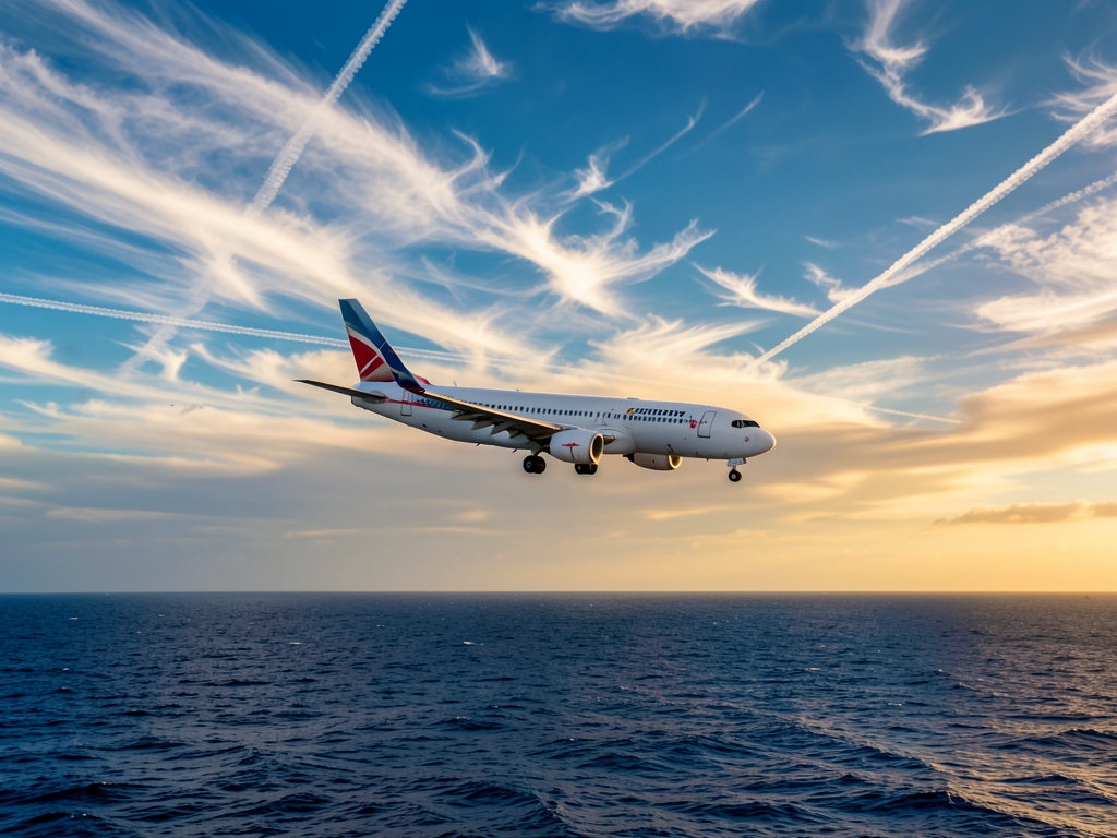 Airliner crossing vast Atlantic ocean golden hour white