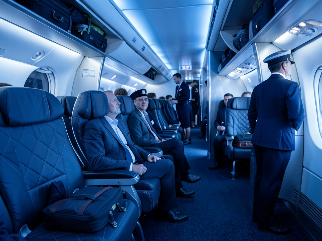 Inside wide business class cabin during boarding soft blue