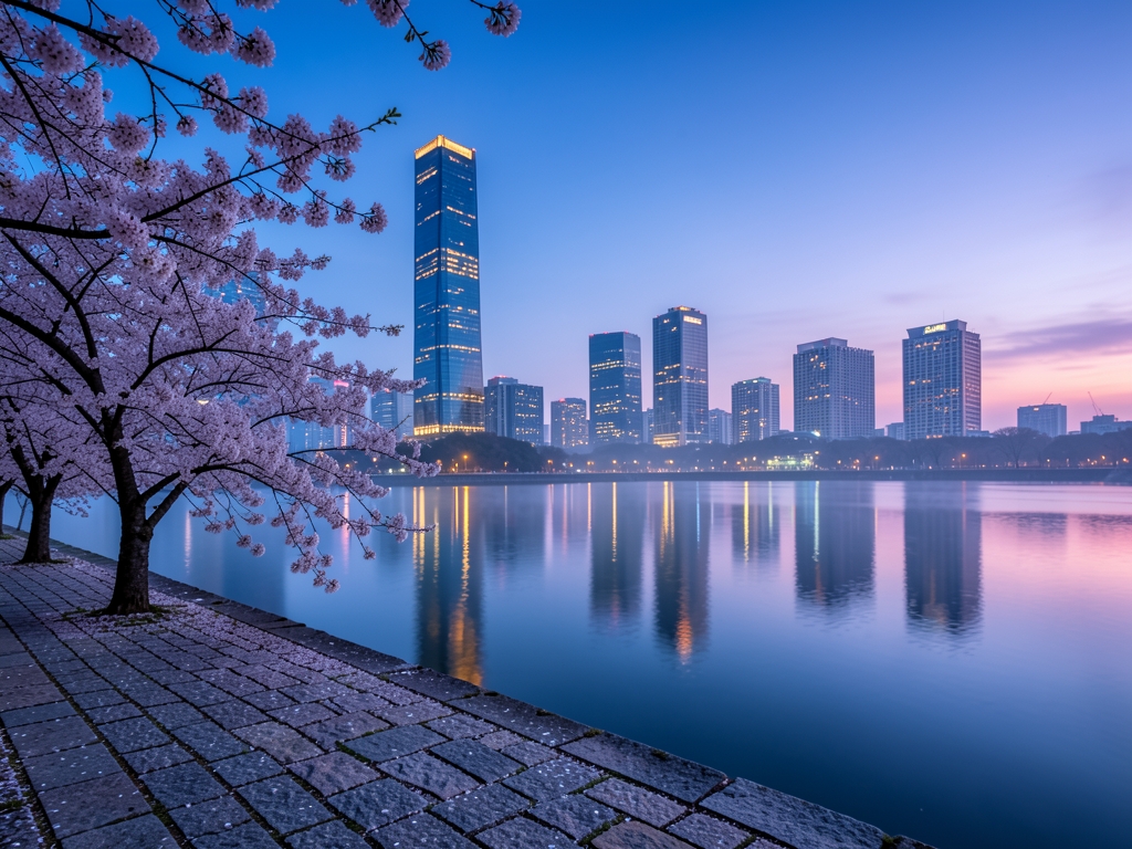 Seoul skyline across calm river spring dusk glass