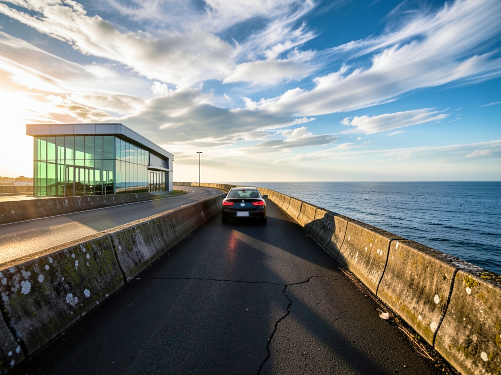 Windswept Atlantic departure road sunrise glass terminal weathered