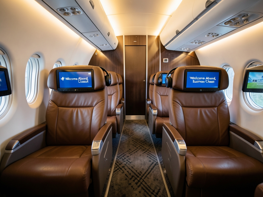 Empty business class airplane cabin with wide seats soft