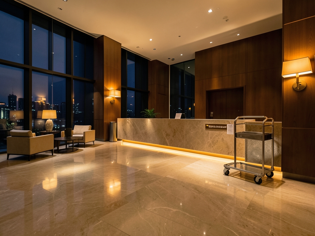 Deep night modern hotel lobby polished marble floor warm