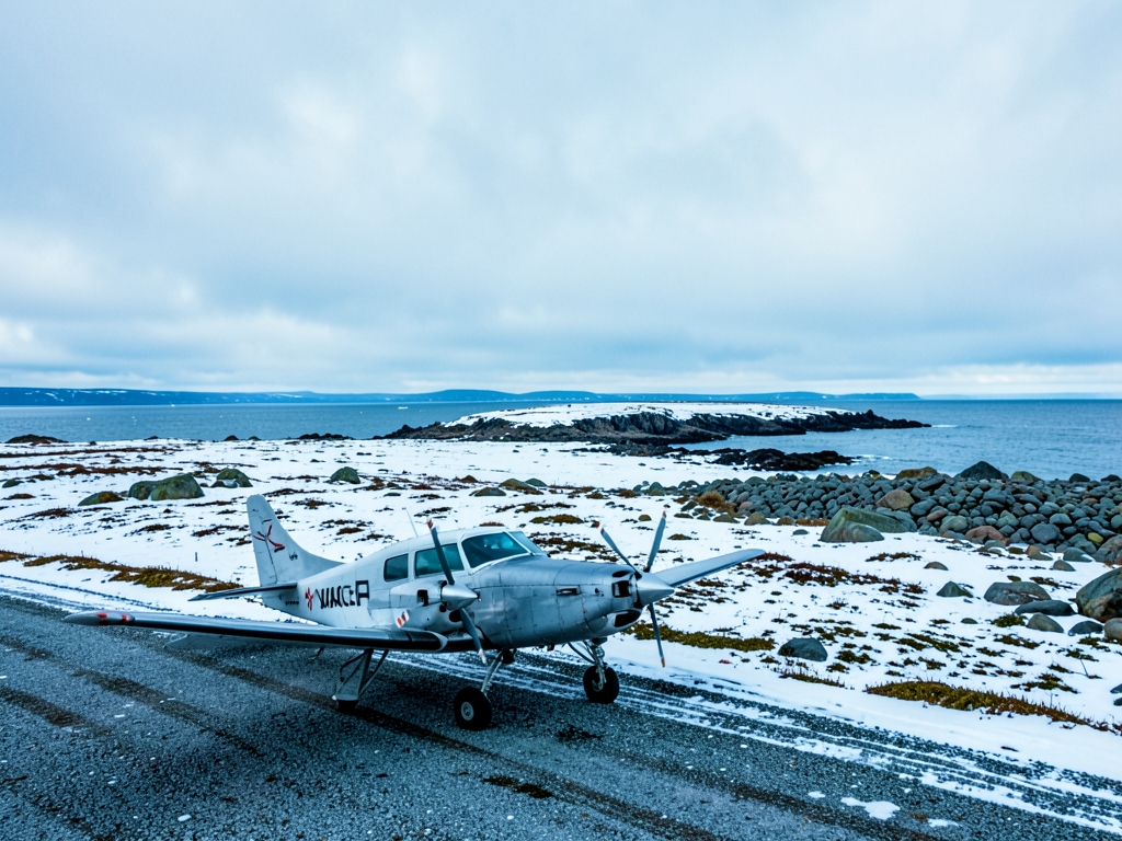 Snow dusted tundra rocky coastline near Iqaluit small propeller