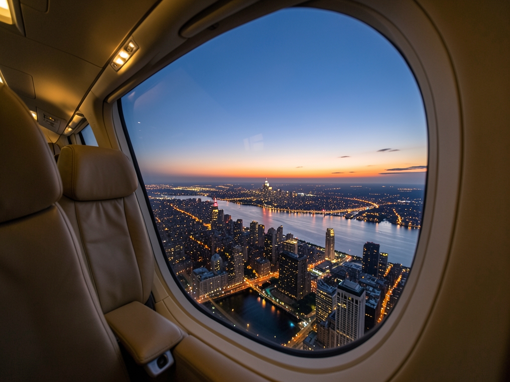 Manhattan skyline dusk seen from airplane window warm