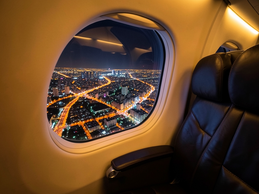 Nighttime view from airplane window above Mexico City