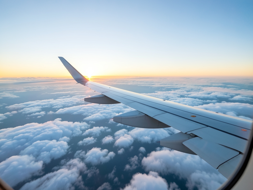 Long haul airplane wing above layered clouds over North