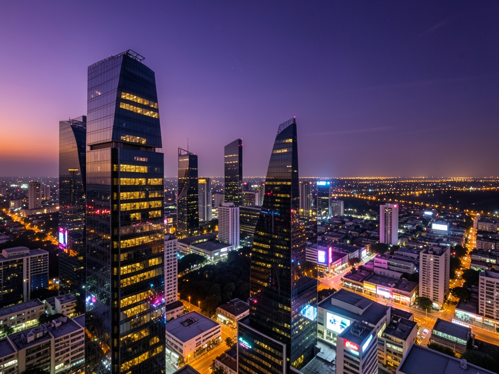 Johannesburg skyline dusk with glass towers glowing under