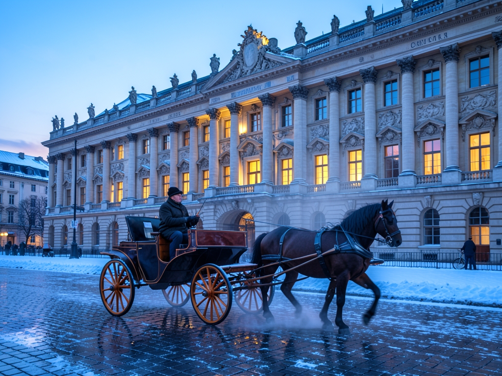 Snowy Vienna winter evening grand Habsburg era palace facade