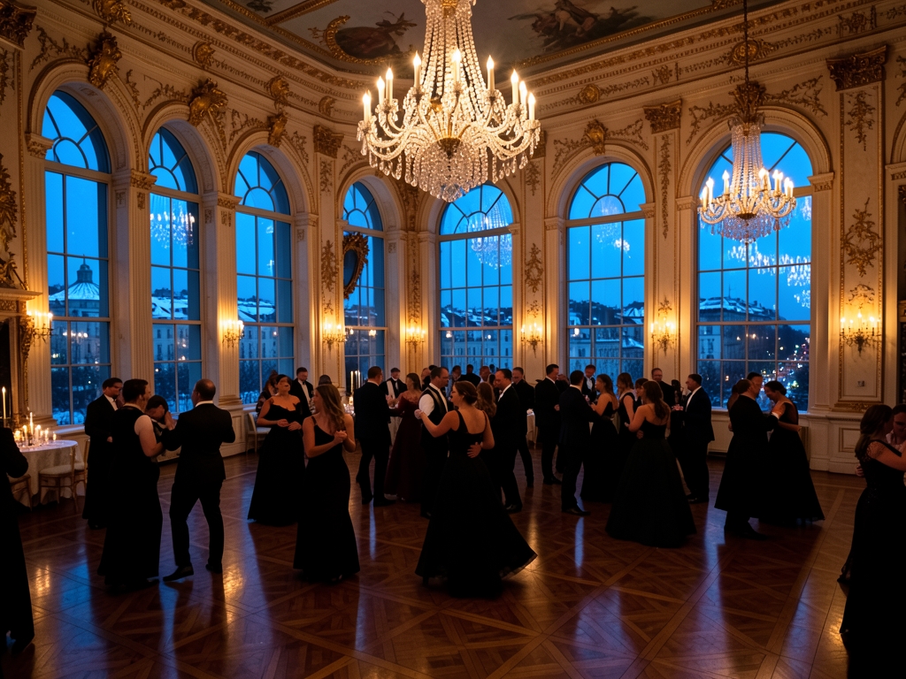 Festive public ballroom historic Vienna palace night crystal