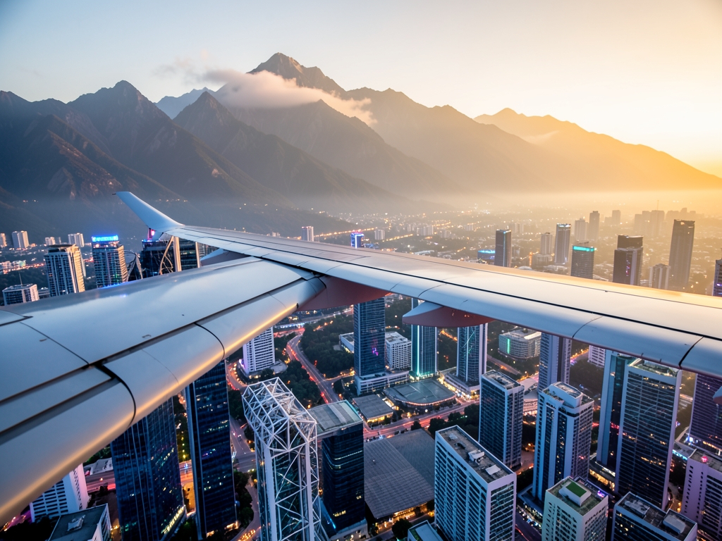 Wide angle view modern aircraft wing extending over neon lit