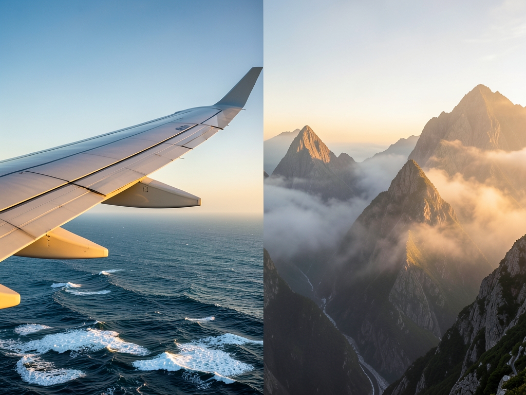Split composition sleek aircraft wing soaring over ocean